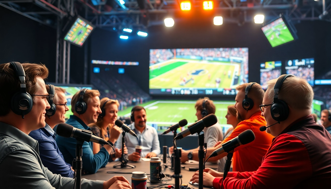 Engaging sports broadcasting setup with broadcasters discussing events, capturing the essence of Sports broadcasting.