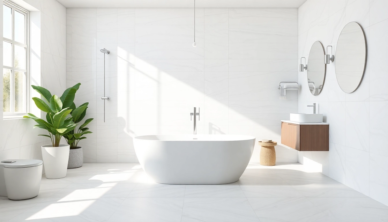 Inspiring bathroom renovations near me, featuring a modern design with a freestanding tub and elegant fixtures.