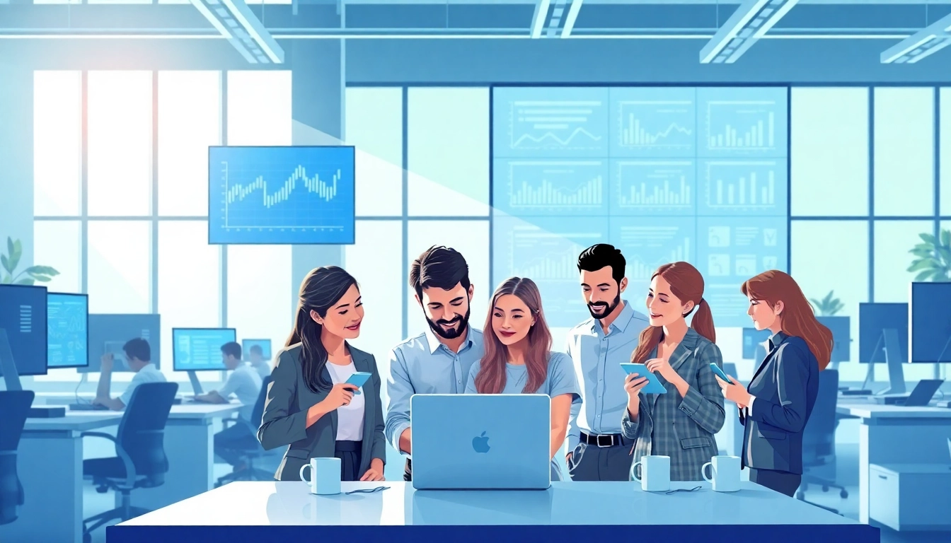 Team collaborating at an AI automation agency in UK with high-tech displays and vibrant atmosphere.