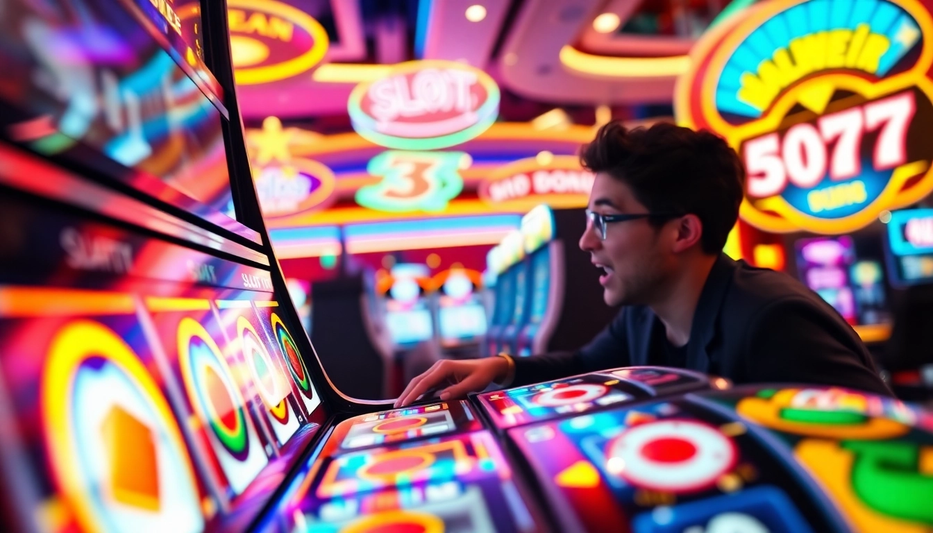 Permainan slot777 yang mendebarkan di mesin slot berwarna-warni dengan lampu yang cerah.