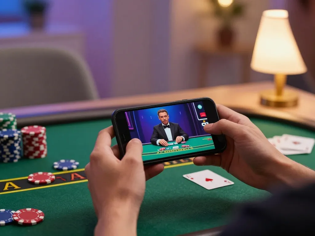 Engaging gameplay at online casinos Canada with live dealer blackjack on smartphone while enjoying a cozy atmosphere