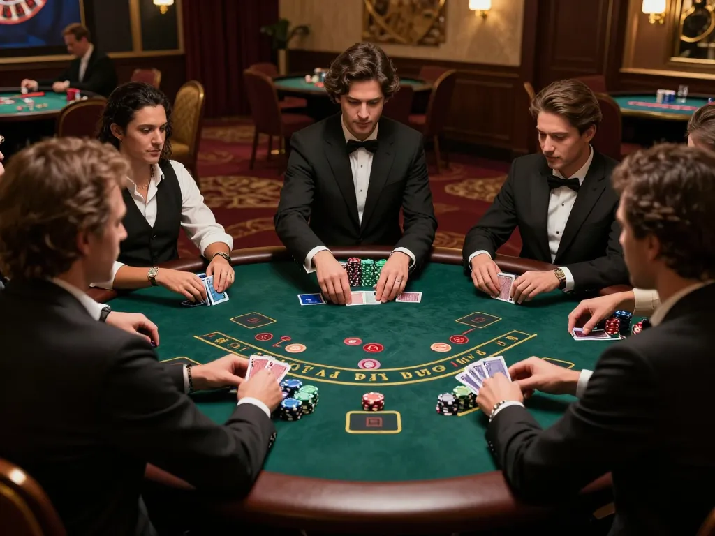 Exciting blackjack gameplay at a luxurious casino, players engaged in strategic decisions, 주소모음 displayed prominently.