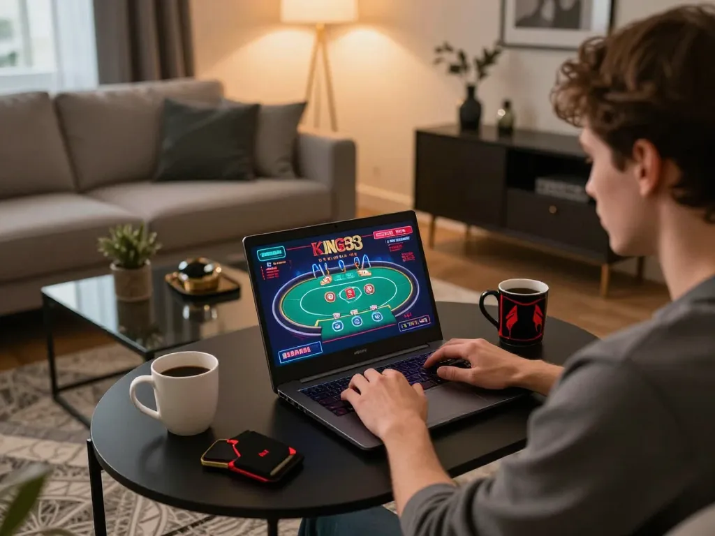 Player engaging with King33 online poker game on laptop in cozy living room setting