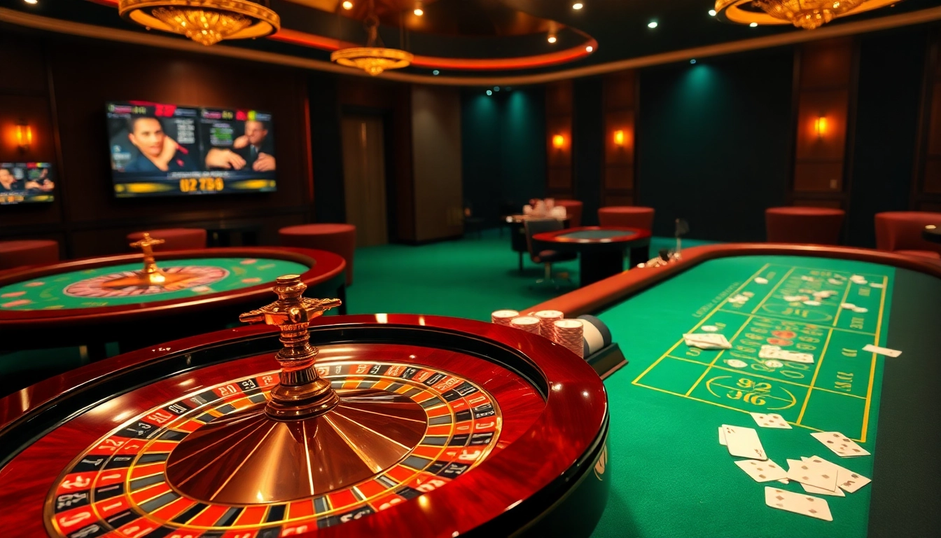 Experience the thrill of online betting with nhà cái bj66 in this vibrant casino scene featuring tables, cards, and roulette.