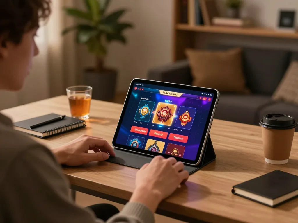Engaging in thabet online casino gameplay on a tablet in a stylish home environment