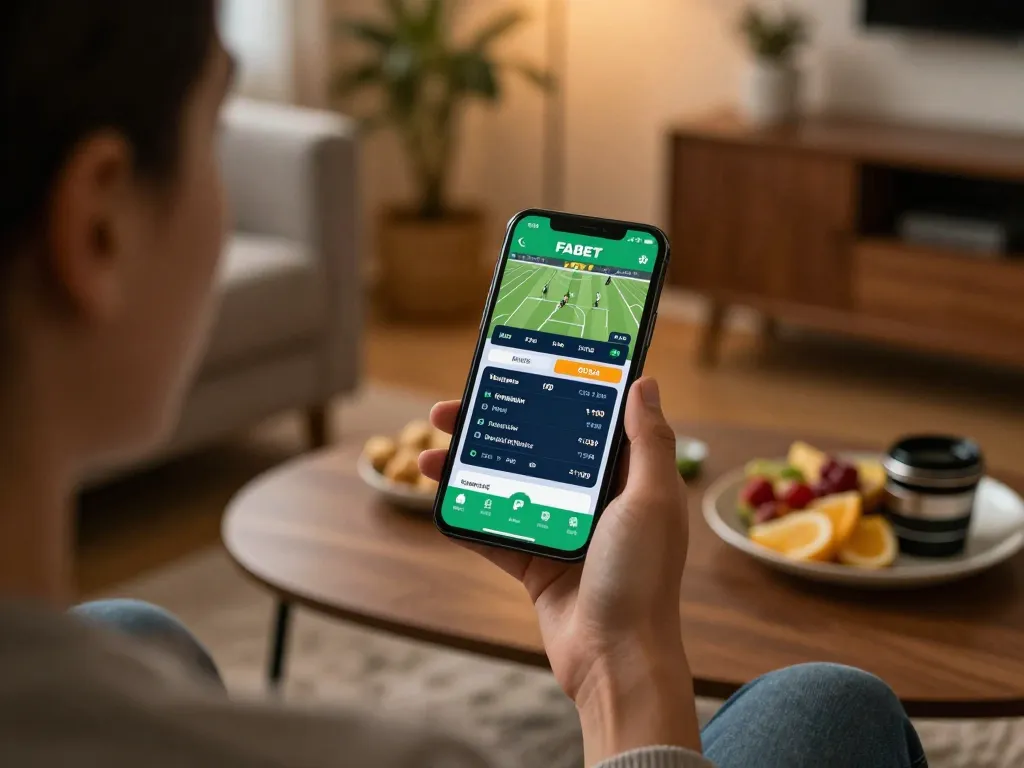 FABET user enjoying sports betting on smartphone in cozy home setting.