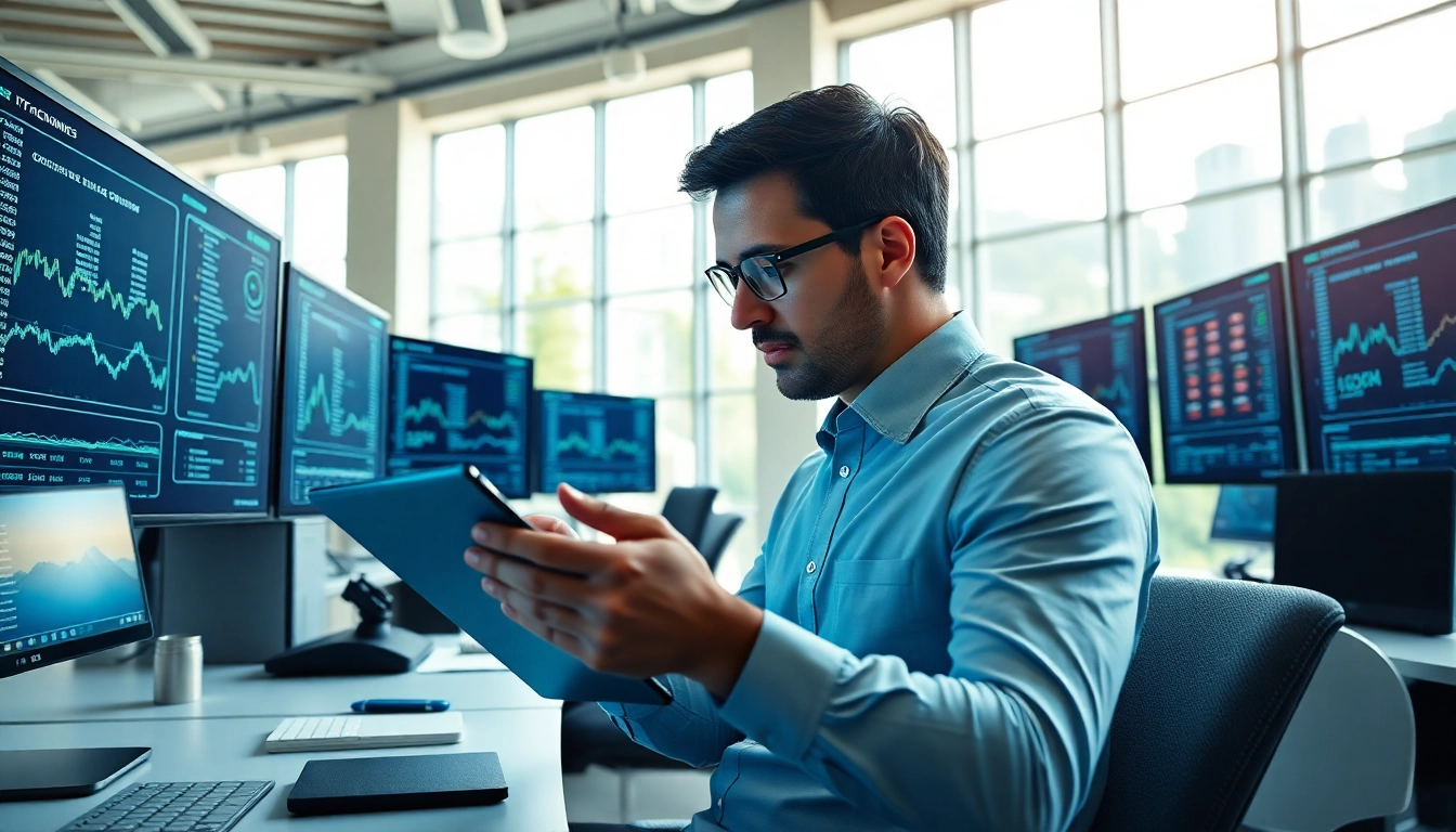 Accountant engaged in crypto accounting, analyzing transactions in a modern office.