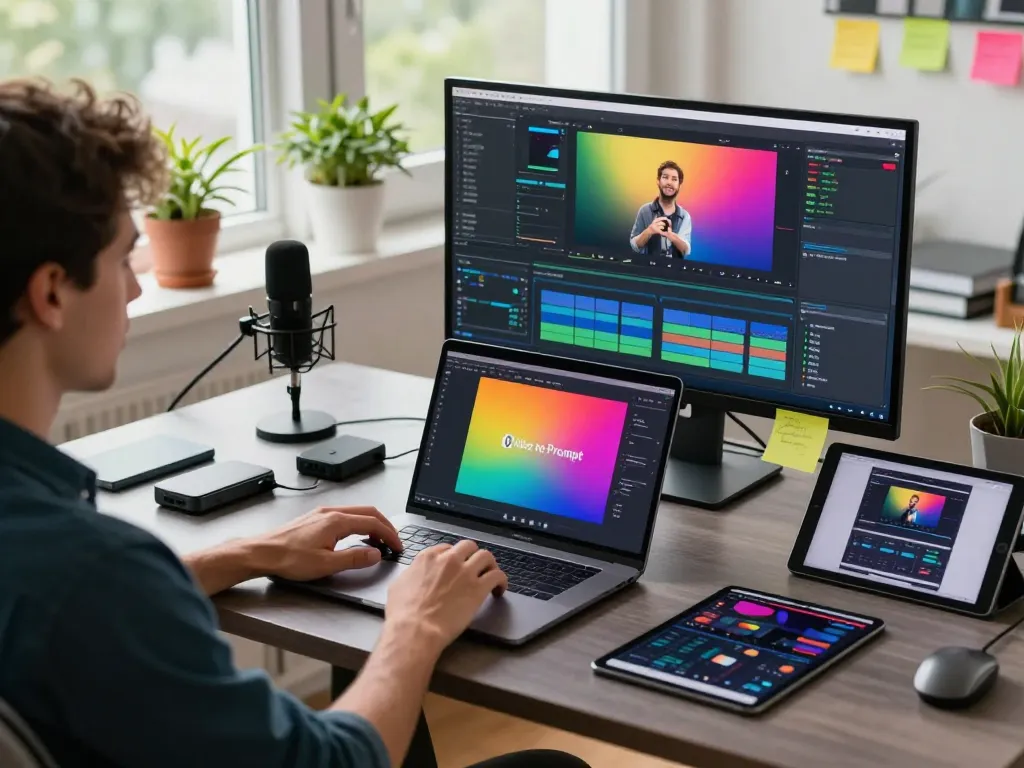 Creator using a video to prompt tool in a vibrant workspace with tech equipment and natural light