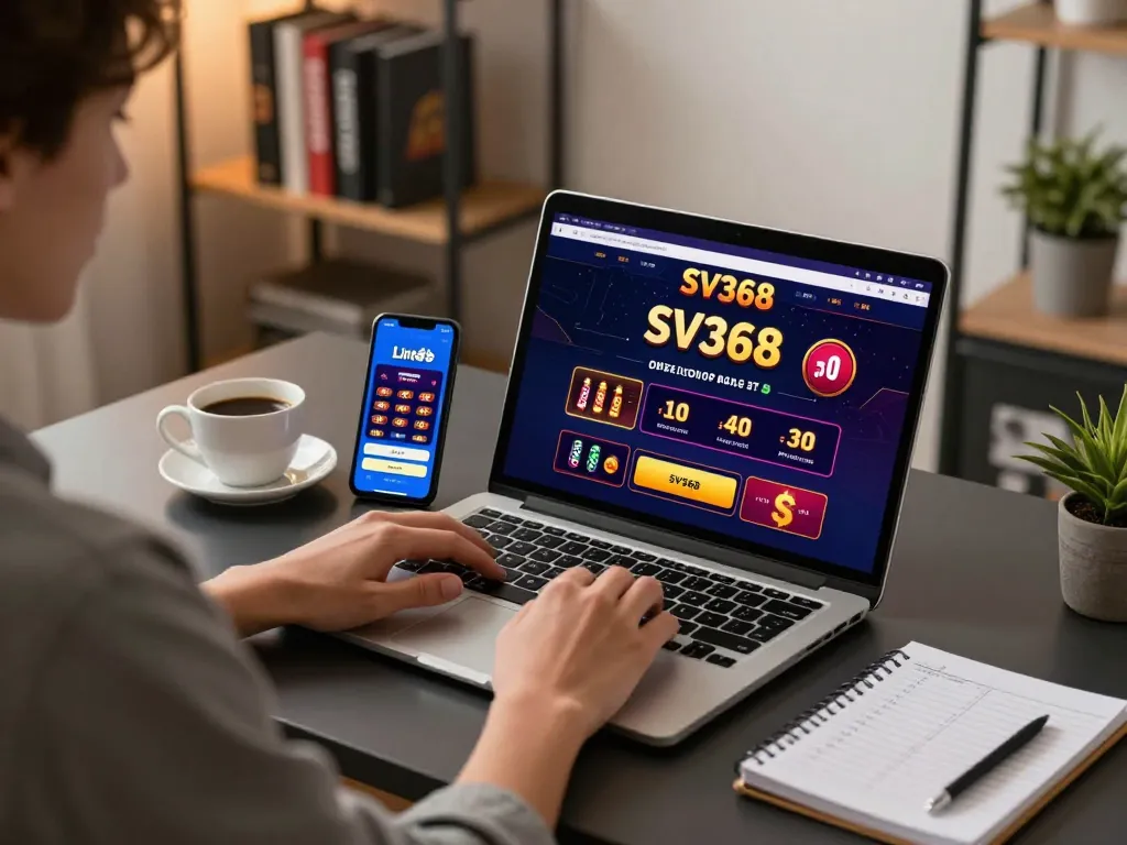 Engaging scene showing a person using the Link SV368 app for online casino gaming, set in a cozy home office.