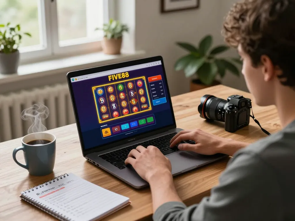 Player engaging in dynamic online gaming at FIVE88, showcasing a colorful gaming interface on the laptop in a cozy home setup.
