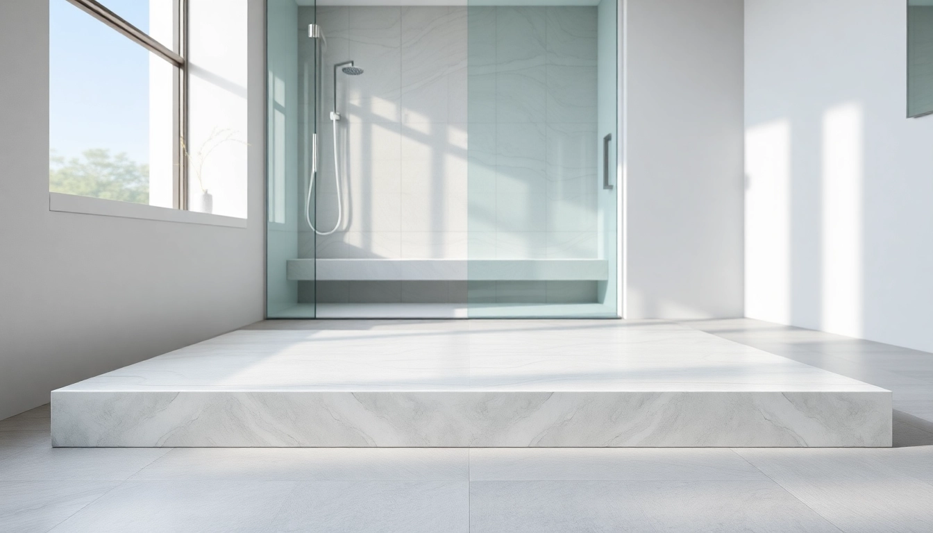 Piatto doccia elegante in un moderno bagno, evidenziando la sua superficie liscia e minimalista.
