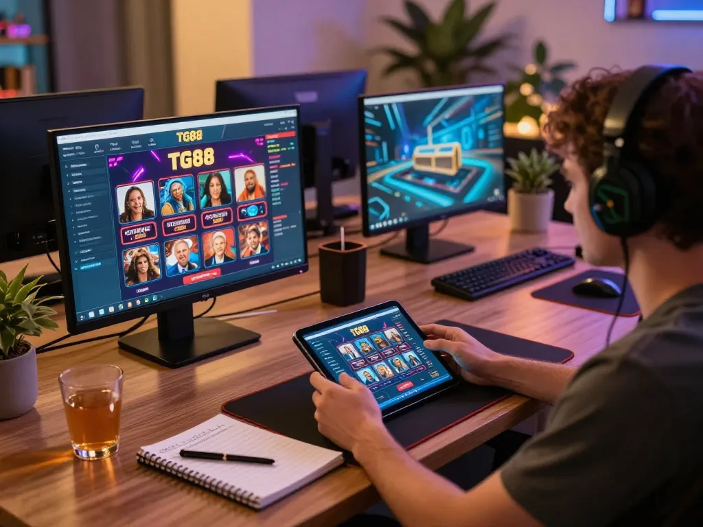 Engaged player using TG88 app on tablet at home, showcasing strategic online gaming atmosphere.