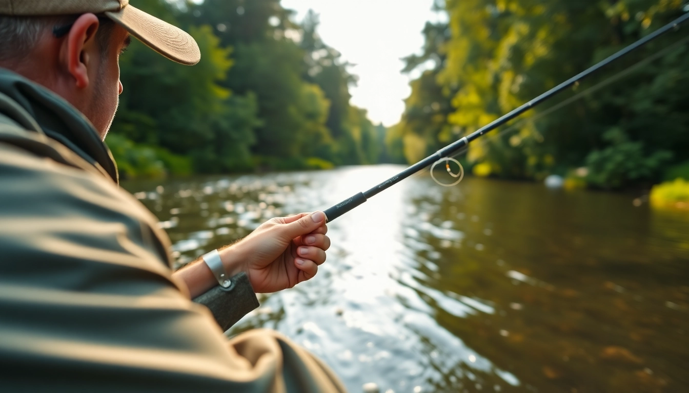 Angler casting a fly fishing line into a tranquil river surrounded by greenery.
