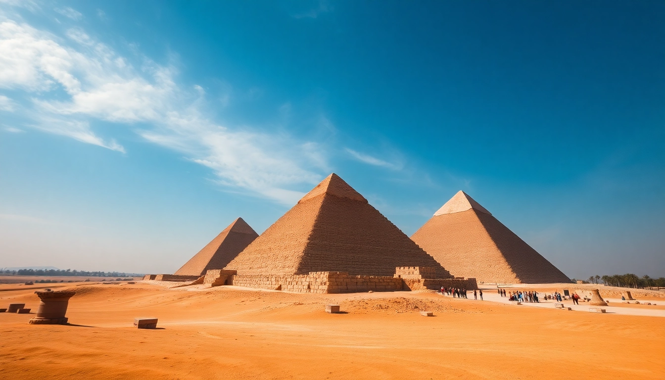 View of the Great Pyramids of Giza from https://piraminds.com/ under a bright blue sky.