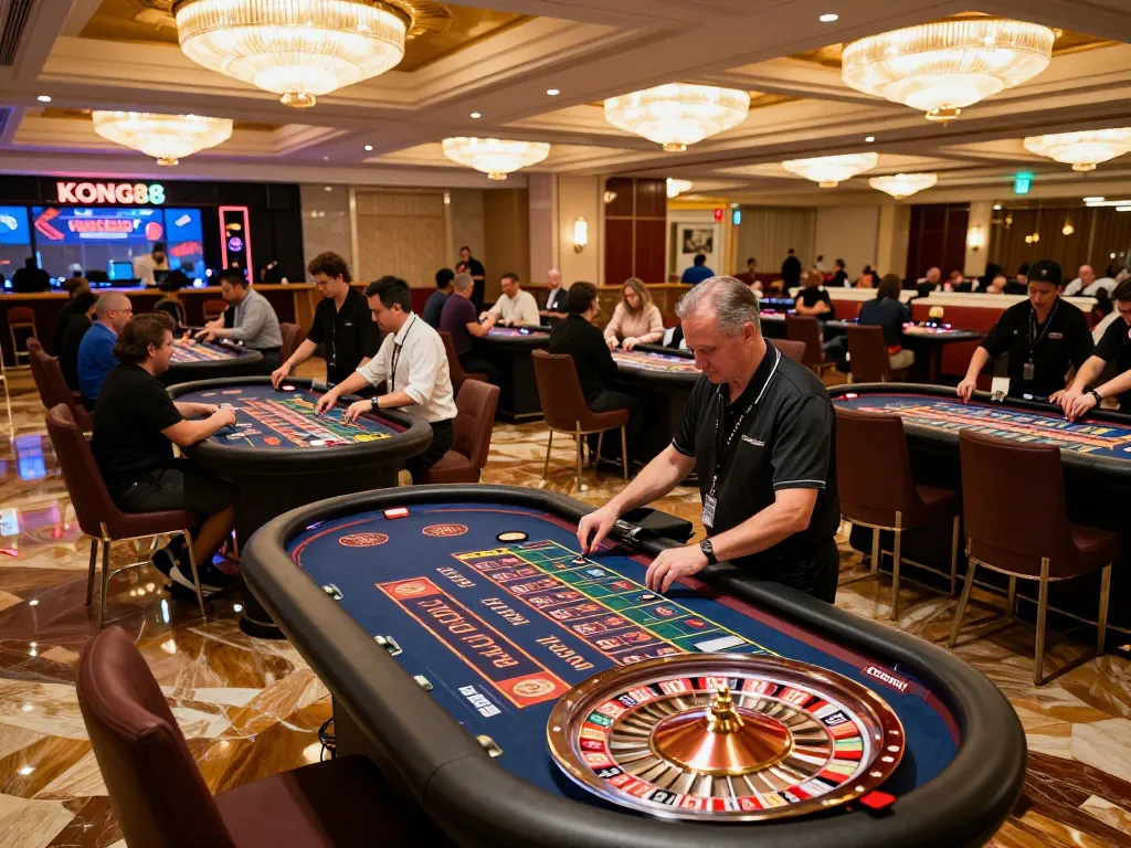 KONG88 players enjoying an exhilarating roulette game in a vibrant casino atmosphere