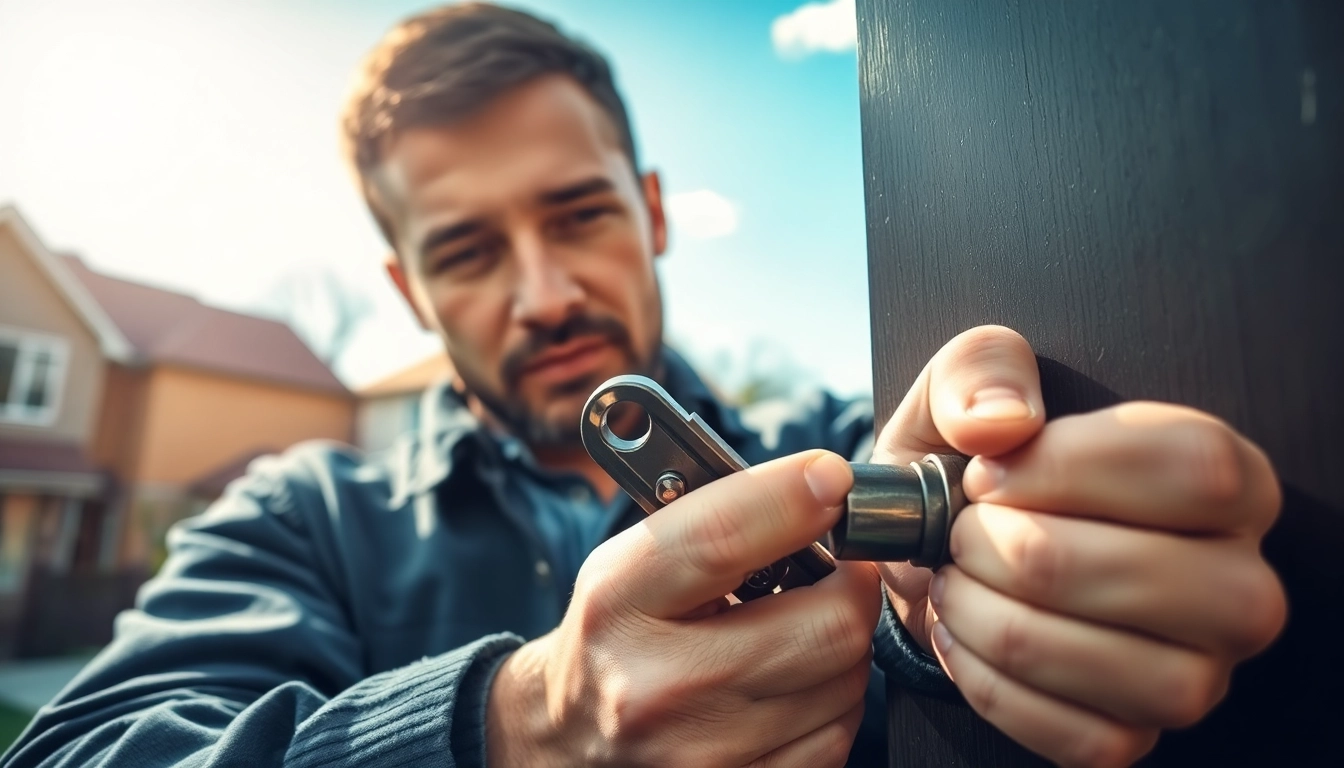 Durham locksmith expertly fixing a secure door lock with professional tools and skills.
