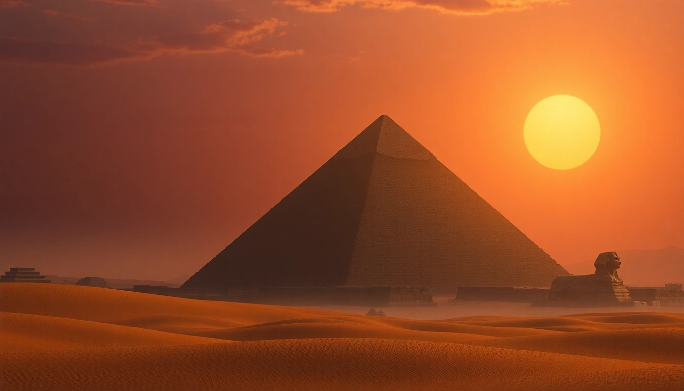 Explore the history of piraminds through a stunning sunset view of ancient Egyptian architecture.