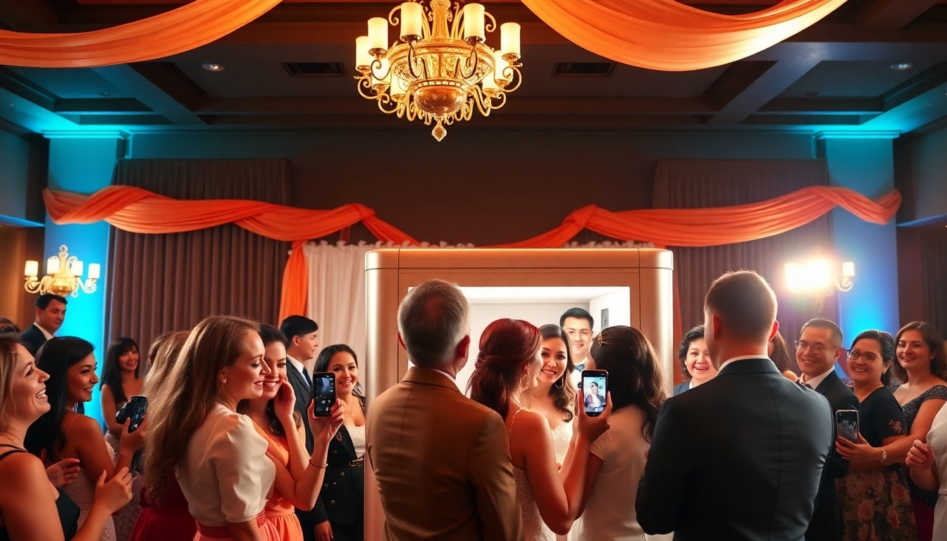 Capture memories with a lively photo booth rental at an event, enjoying vibrant props and a happy crowd.