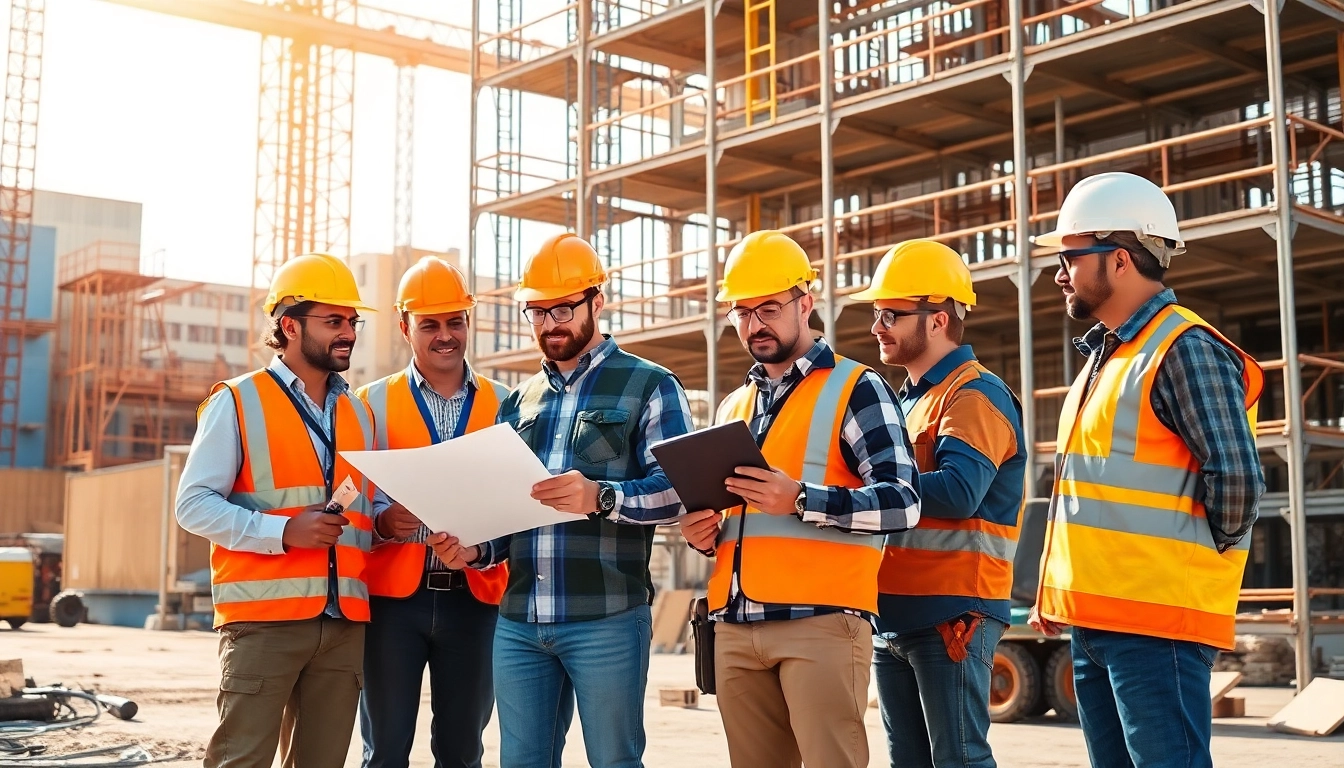 Workers engaged in diverse tasks to promote careers in construction on a vibrant job site.