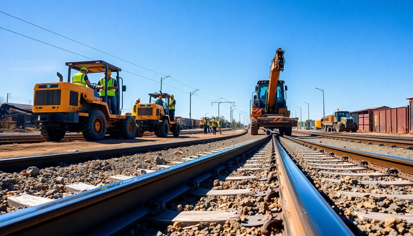 Railroad Track Construction Company team constructing railway tracks with heavy machinery outdoors.