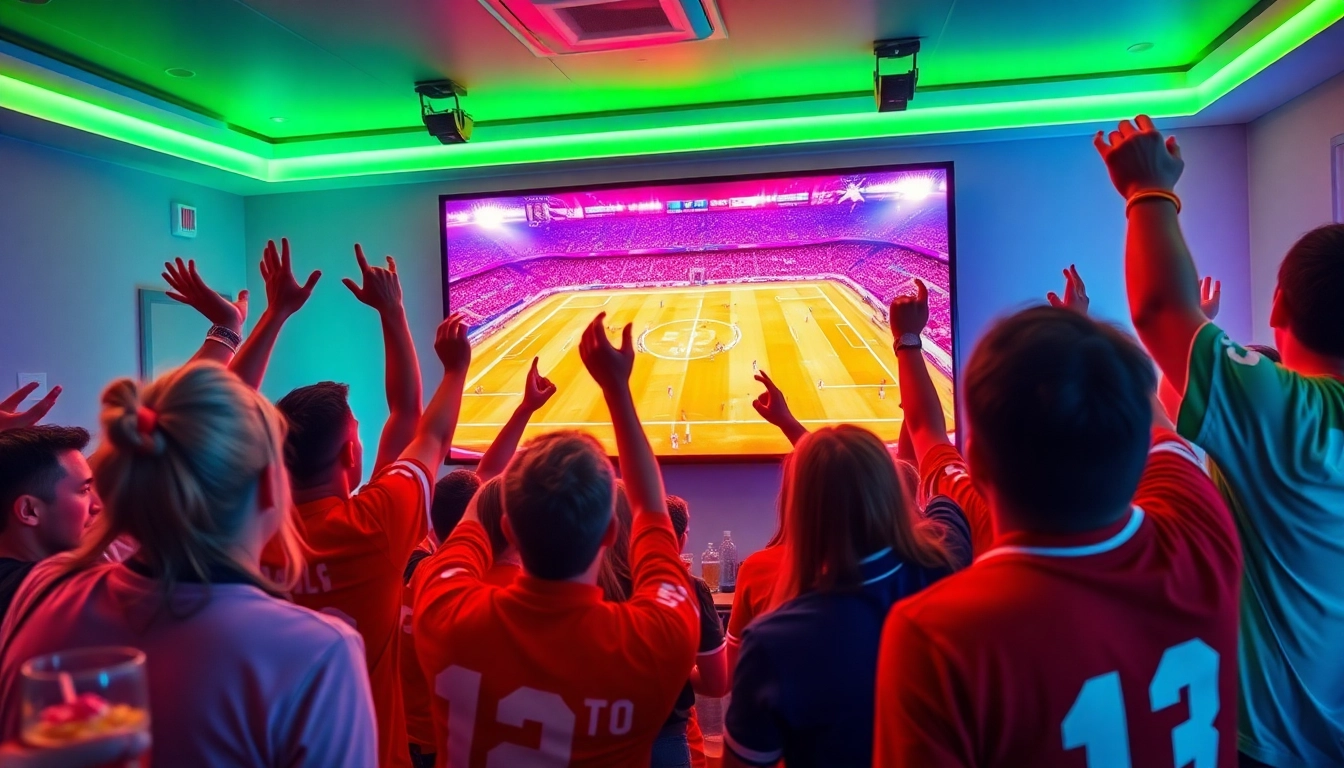 Fans enjoying a vibrant football match on vaoluoitv.it.com, cheering with excitement in a lively atmosphere.