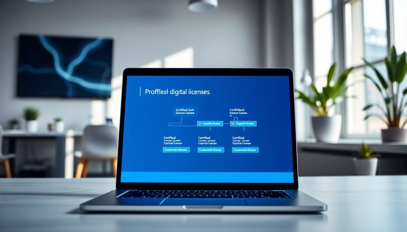 Display of certified software license keys on a professional laptop in an inviting office setup.