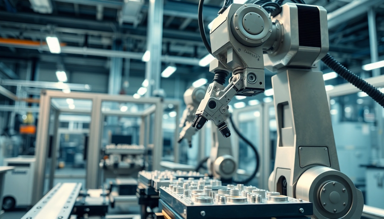 Injection Robot assembling parts in a high-tech workspace with precision.