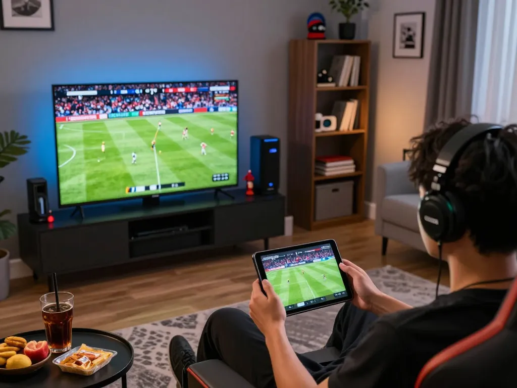 Enjoying OKWIN TV with a live football match streaming on a tablet in a cozy home setup.