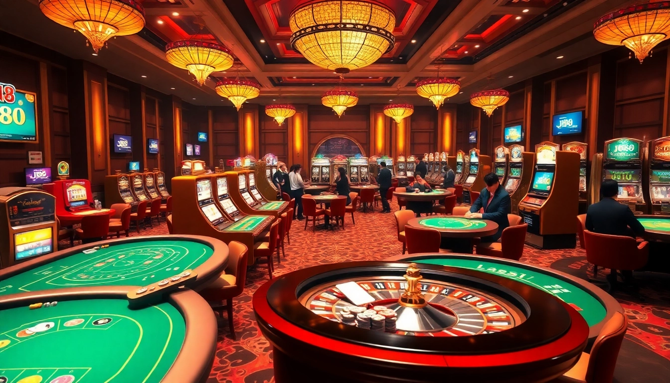 Experience an exciting j88-themed casino scene with vibrant tables, roulette wheels, and engaged players.