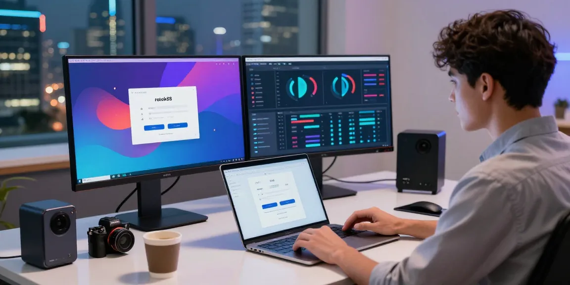 Professional workspace showcasing rokok88 login on laptop with dual monitors and a vibrant city skyline backdrop.