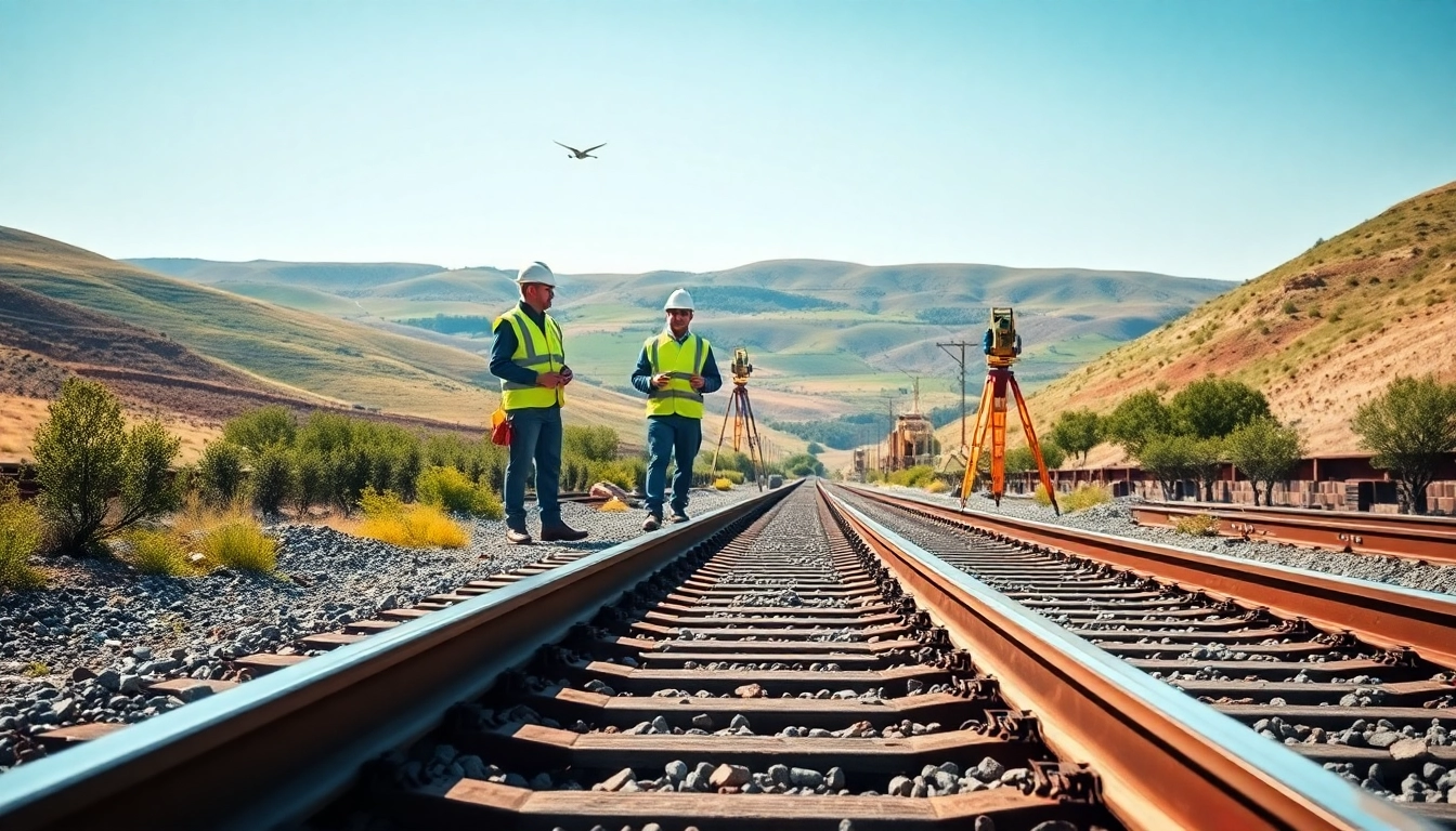 Railroad Track Construction Company team inspecting tracks and planning construction on site.