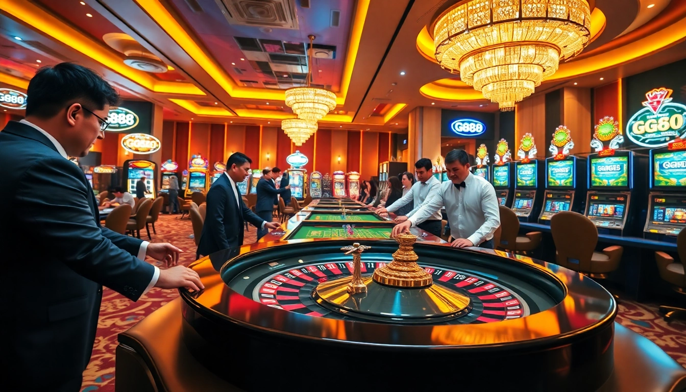 Exciting gaming action at the GG88 casino featuring roulette, poker chips, and slot machines.