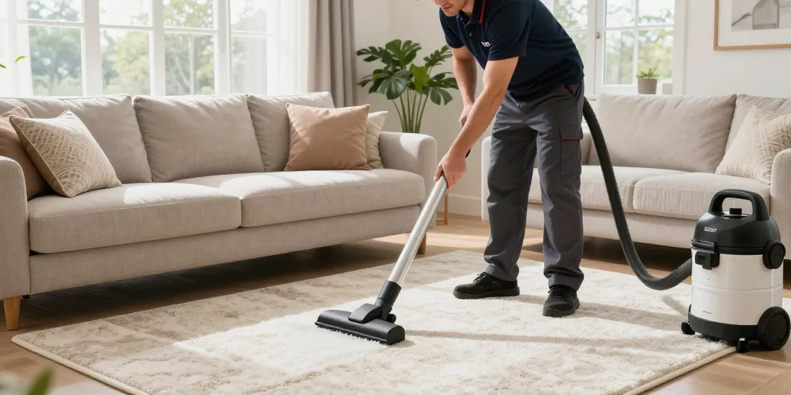 Upholstery cleaning near me by expert technician in a bright living room, showcasing a clean sofa and professionalism.