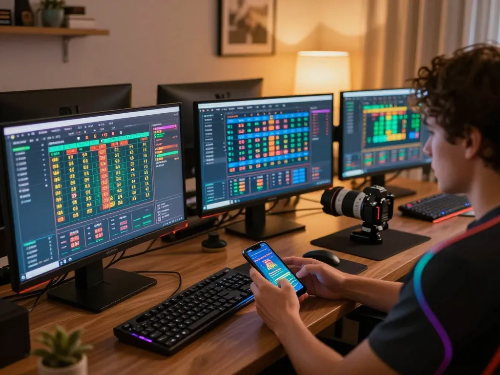 Lô đề online gaming setup showing active games and real-time betting stats in a cozy environment.