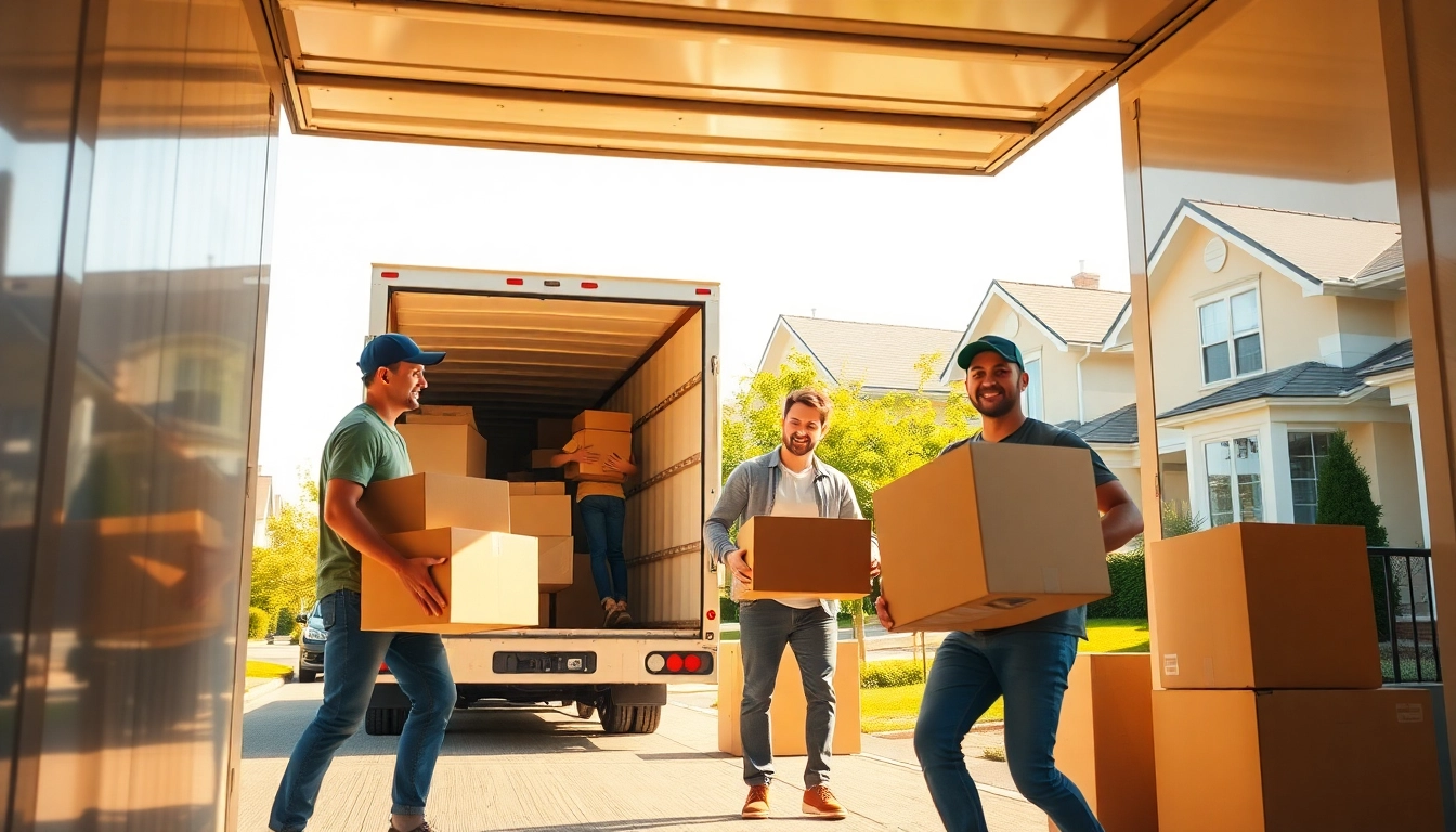 Efficient local moving services in action with professional movers loading and unloading boxes in a sunny neighborhood.