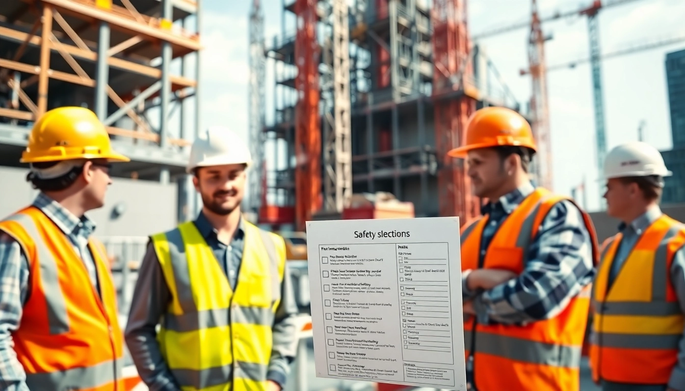 Ensure construction site safety with workers checking procedures in an urban setting.
