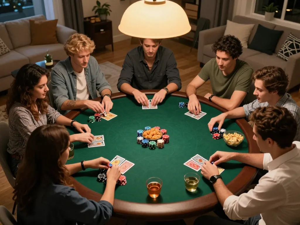Friends enjoy a competitive Go8 poker night at home, strategizing with cards and chips.
