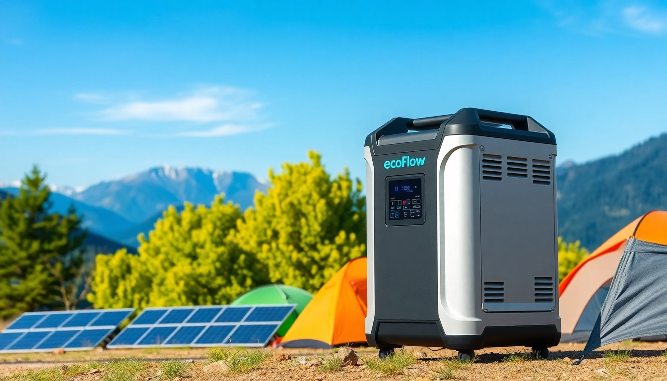 EcoFlow portable power station showcased in a scenic outdoor environment with solar panels.