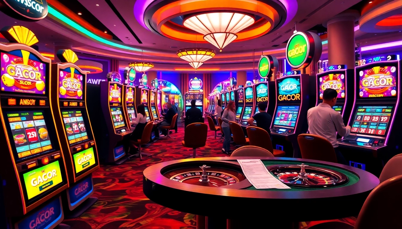 Pemain menikmati pengalaman mendebarkan di mesin slot gacor dalam suasana kasino yang meriah.