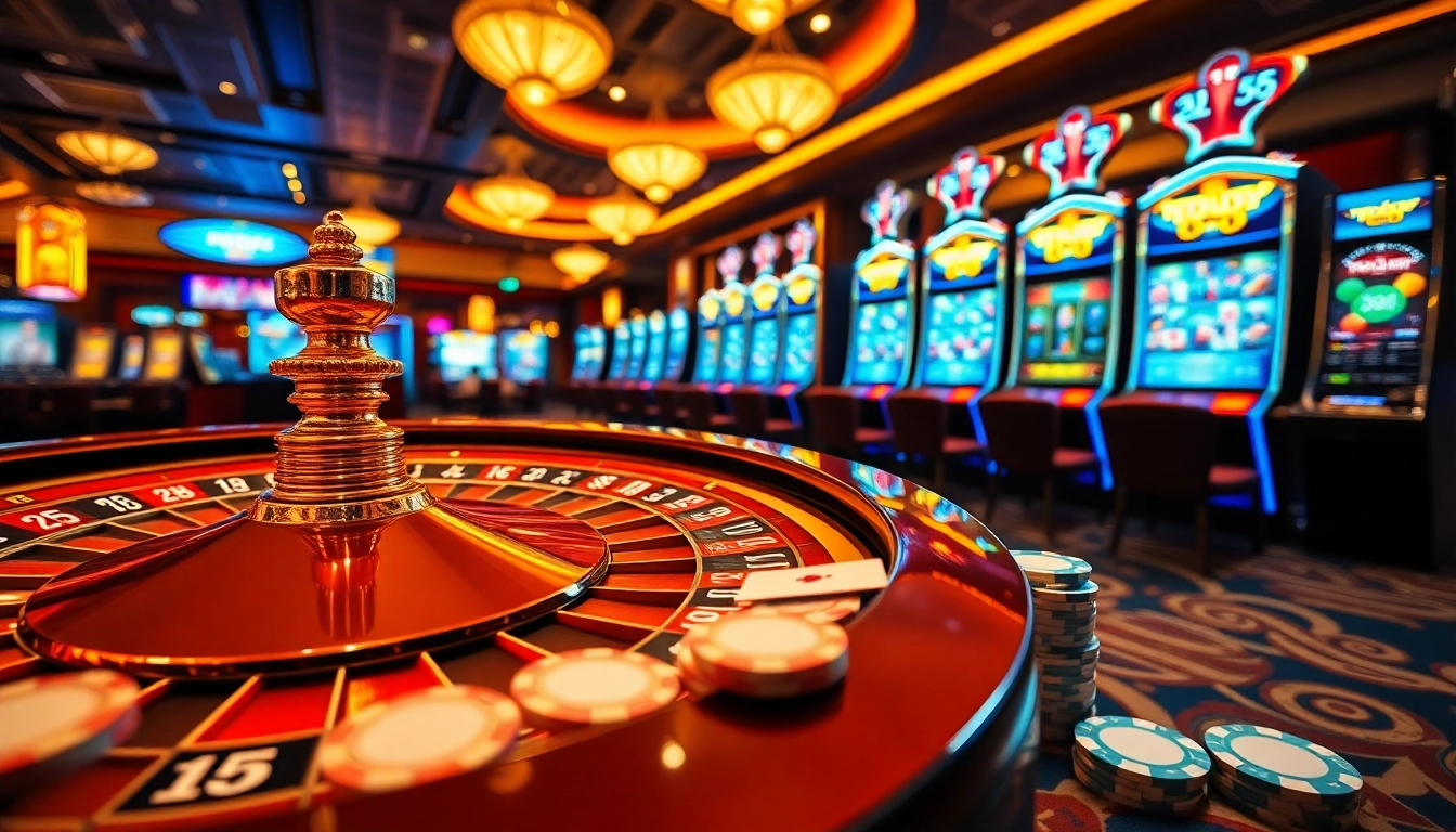 Play exciting games at BL555 casino with roulette, poker chips, and vibrant slot machines.