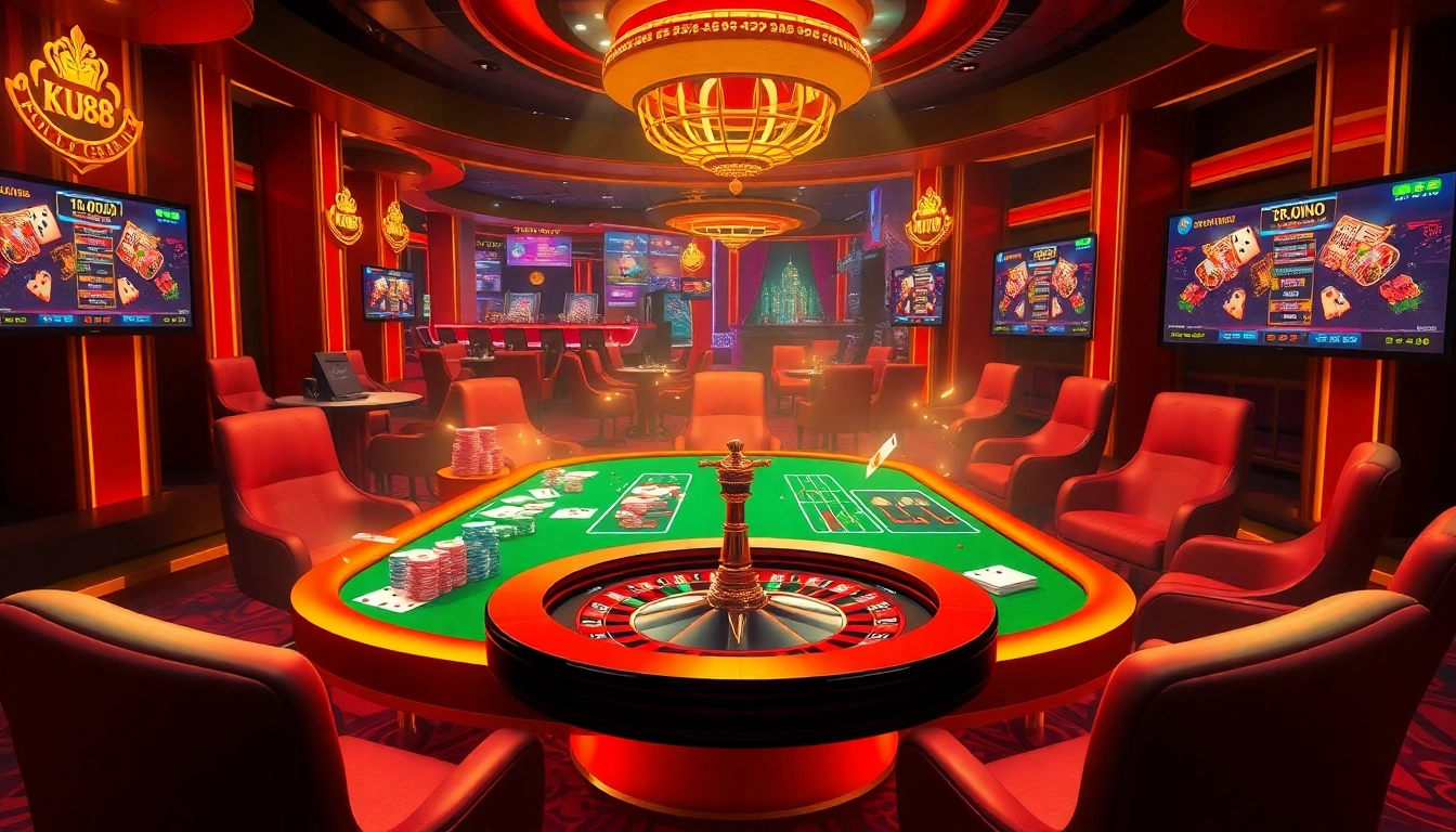 KU88's luxurious online casino interface showcasing vibrant gaming elements and a high-stakes atmosphere.