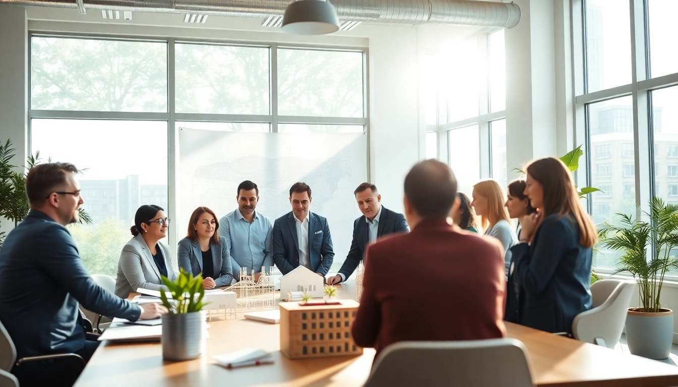 Construction association professionals collaborate in a conference room, promoting teamwork.