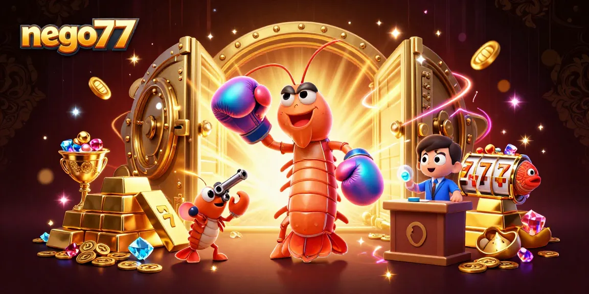 Engage in thrilling gameplay with nego77's dynamic casino scene featuring vibrant characters and sparkling treasures.