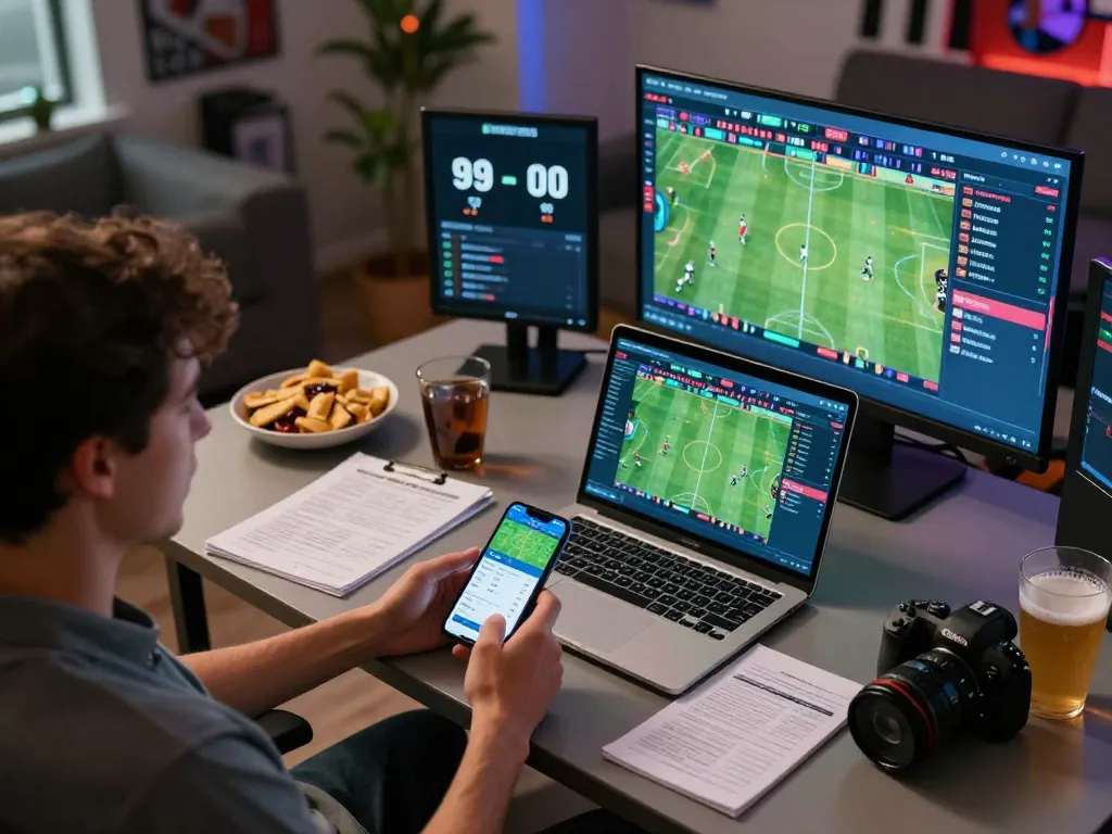 Engaging in sports betting on smartphone at home setup, reviewing stats on https://rr88.select/ laptop.