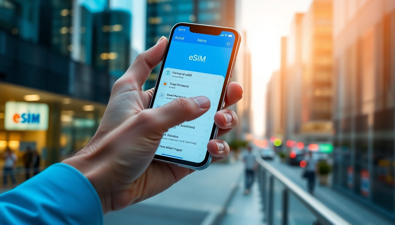 Activate eSIM on smartphone showcasing https://esimfo.com in a modern city backdrop.
