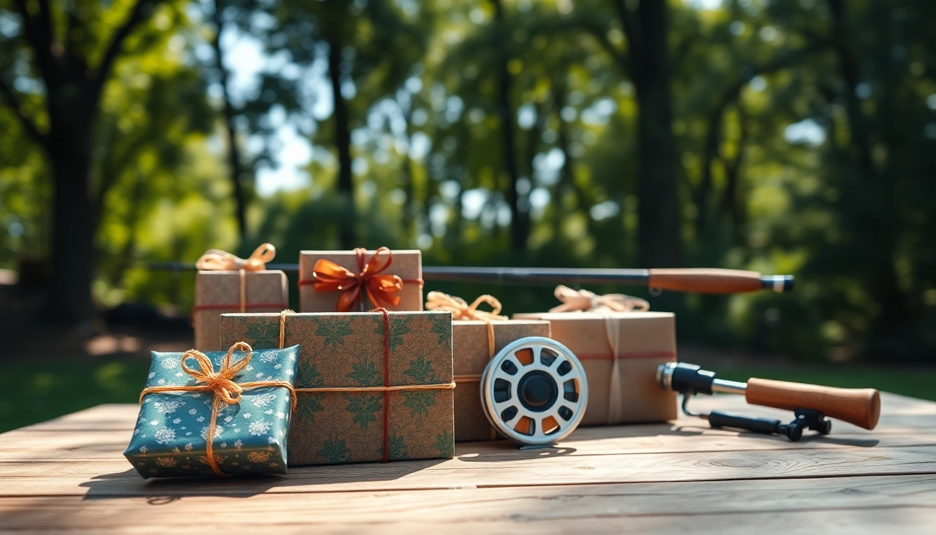 Discover unique fishing gifts showcased in an inviting outdoor setting, perfect for enthusiasts.