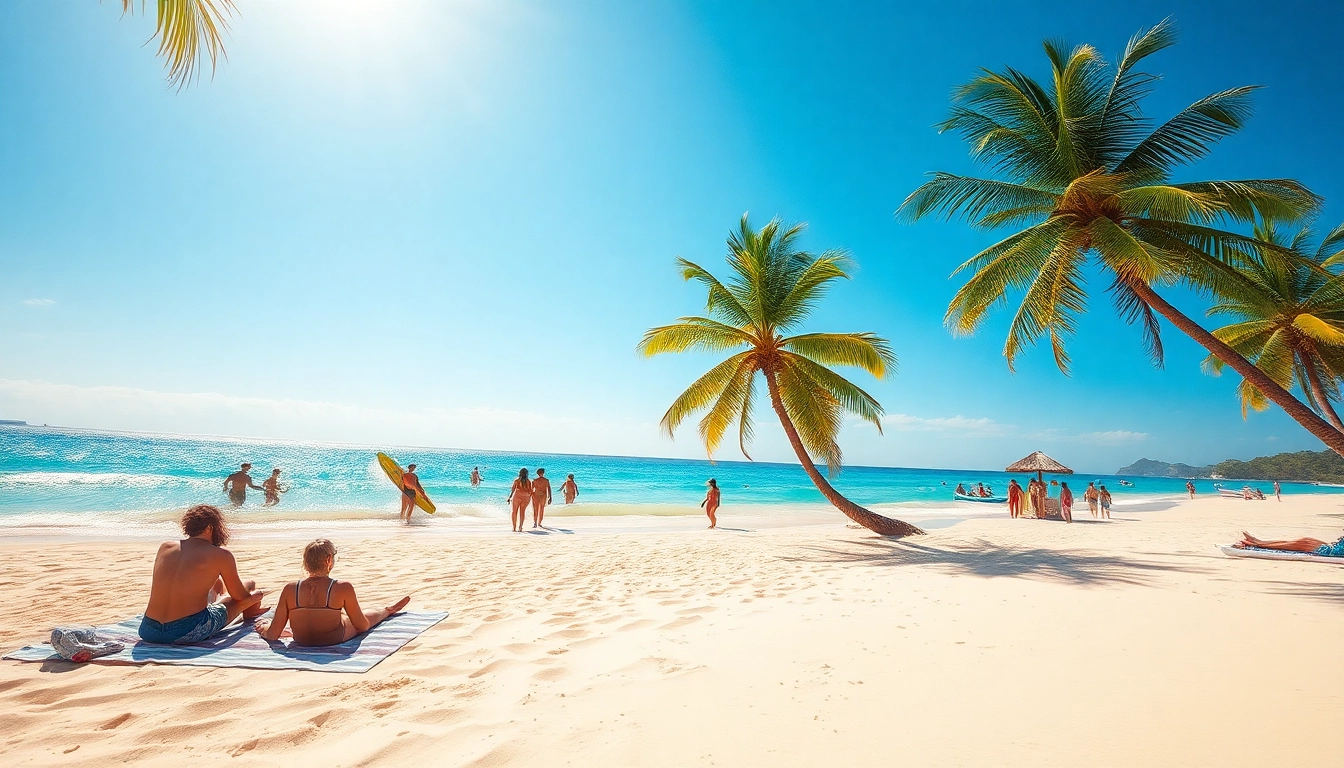 Travel destinations in December featuring a vibrant beach scene with sunbathers and turquoise waters.