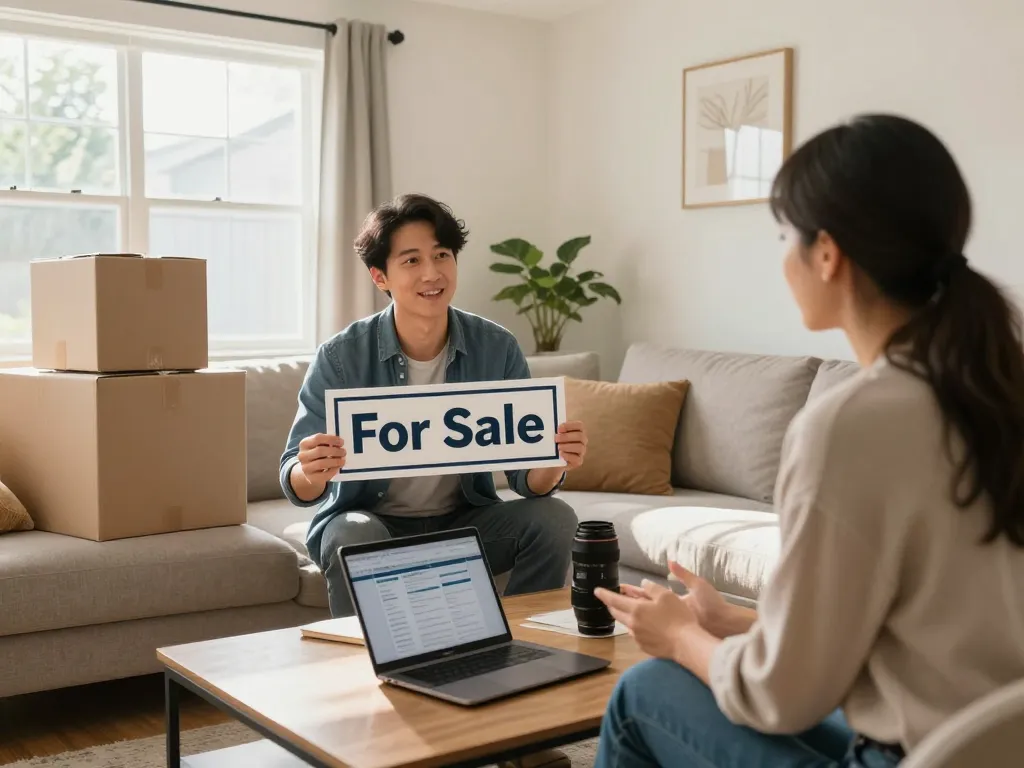 Sell house without repairs easily in a bright living room with a homeowner and real estate agent.