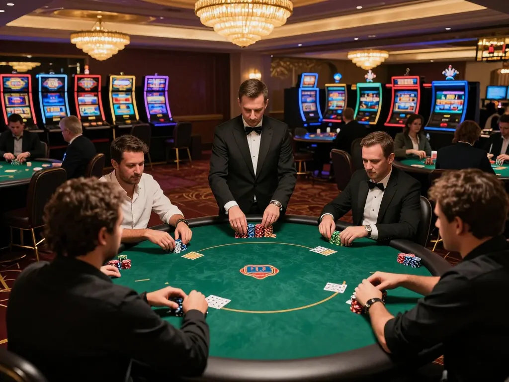 Players strategically betting at a competitive poker table in 88fc's upscale casino environment.