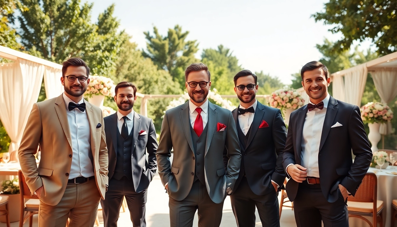 Stylish group of men in designer menswear at a beautiful wedding celebration.